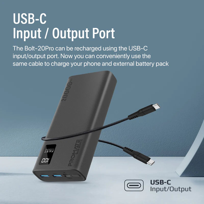 PROMATE 20000mAh Compact Smart Charging Power Bank with Dual USB-A & USB-C Output - BOLT-20PRO