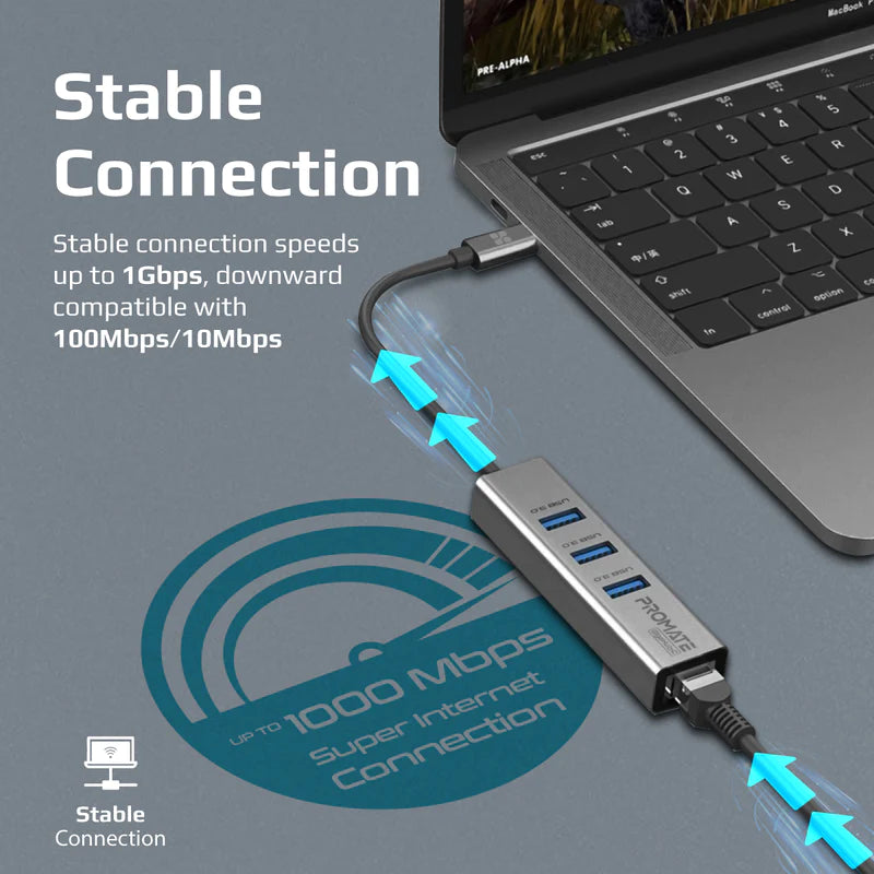 PROMATE USB-C Hub with 3 USB 3.0 Ports & 1000Mbps LAN Port - GIGAHUB-C