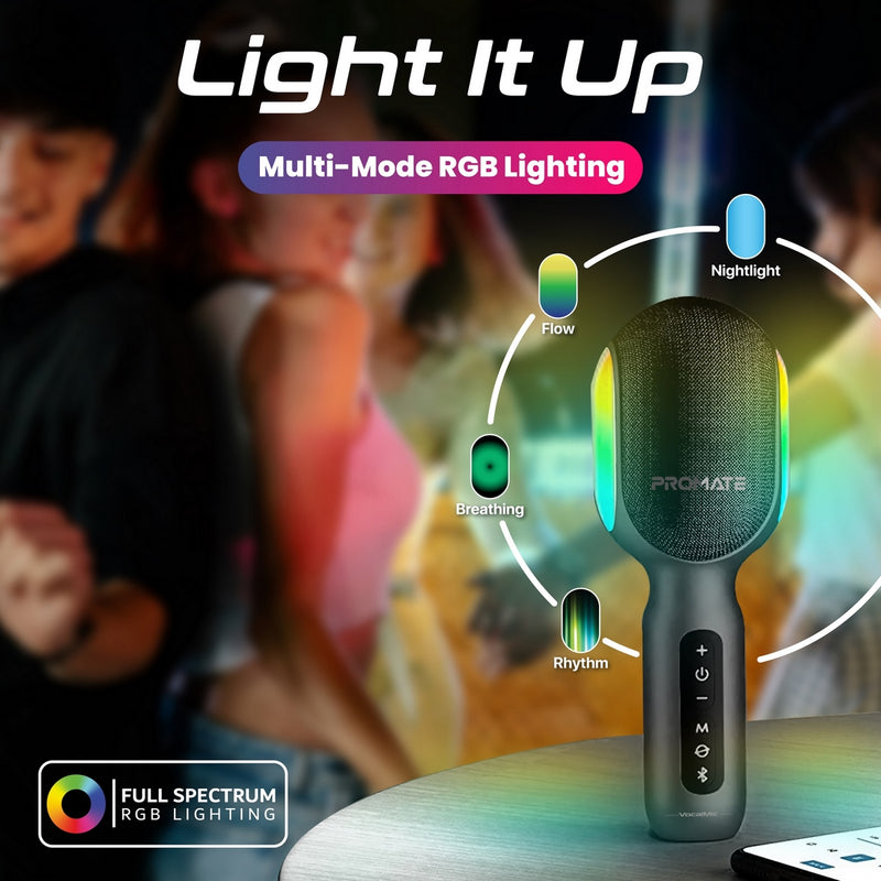 PROMATE 5-in-1 Wireless Karaoke Microphone & Speaker with Dynamic RGB Lights - VOCALMIC