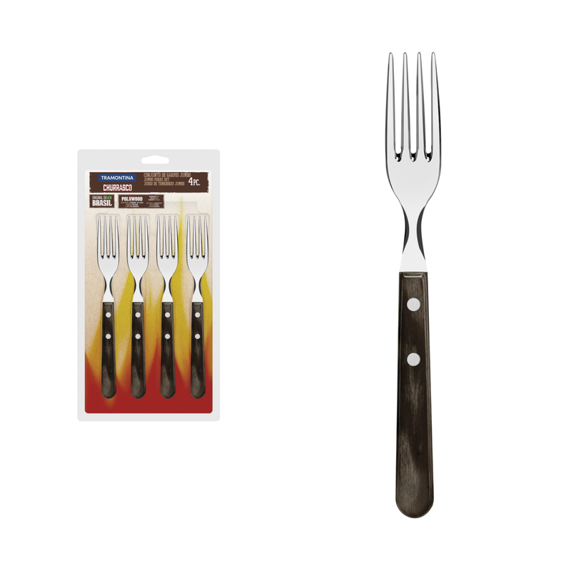 TRAMONTINA Set of 4, Jumbo Stainless Steel Steak Fork with Brown Polywood handles - 21199/997