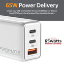 PROMATE 65W Power Delivery GaNFast™ Charging Adaptor - GANPORT3-65.UK-WT