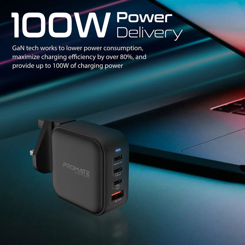 PROMATE 100W Power Delivery GaNFast™ Charger with Quick Charge 3.0 - GANPORT4-100PD.BLACK - Limited Stock