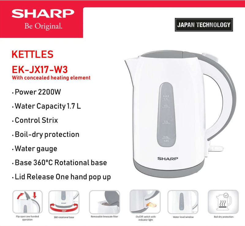 SHARP 1.7L 2200W Cordless White Kettle - EK-JX17-W3