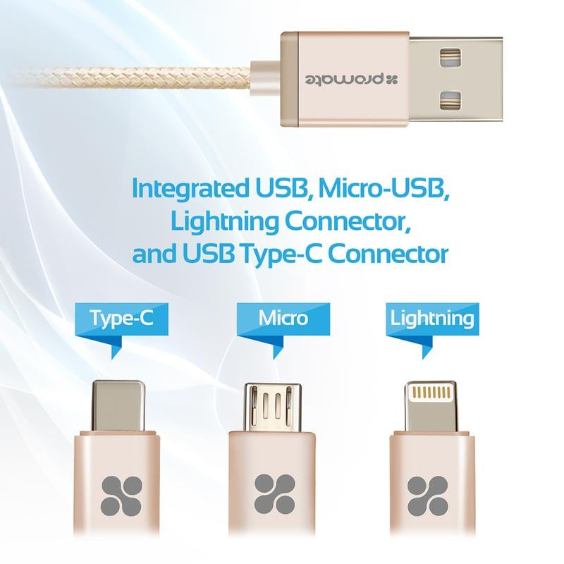 PROMATE UNILINK-TRIO USB-A to Lightning, Type-C and Micro-USB, 2mt