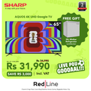 SHARP 65" AQUOS 4K UHD Google TV - 4T-C65FJ1NX - Get a SHARP 50L Minibar Refrigerator - LEVE POU GOOOAAL!!! Till 22 June