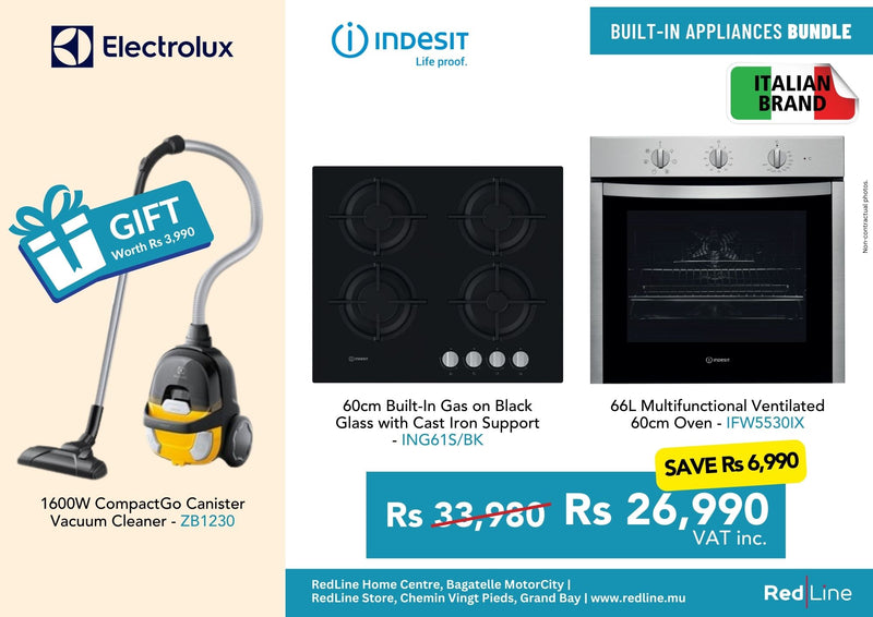 INDESIT 66L Multifunctional Ventilated 60cm Oven + 60cm Built in Gas Hob with 4 Burners = FREE GIFT ELECTROLUX 1600W CompactGo Canister Vacuum Cleaner - Built-in Bundle offer