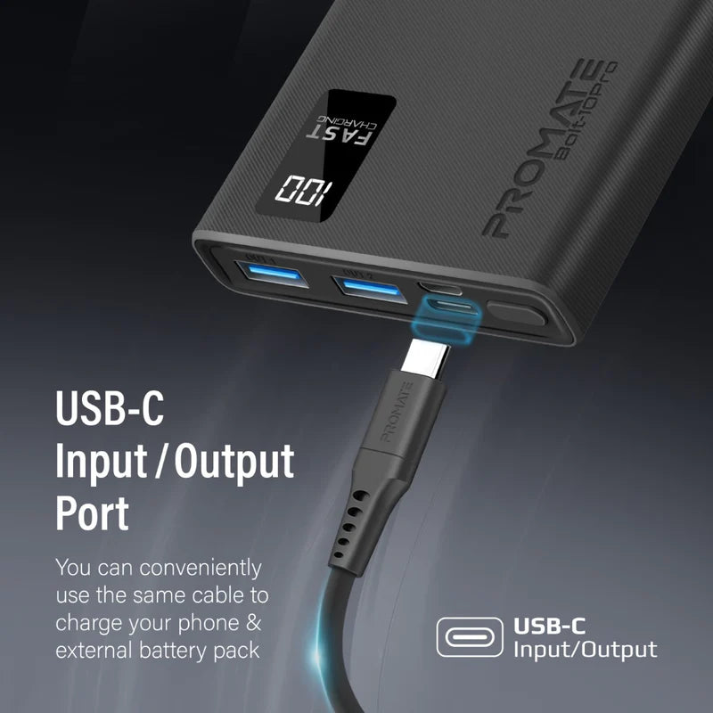 PROMATE 10000mAh Compact Smart Charging Power Bank with Dual USB-A & USB-C Output - BOLT-10PRO