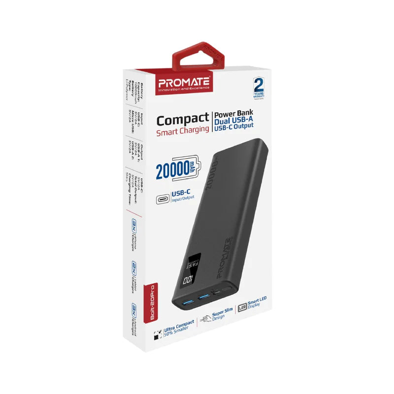 PROMATE 20000mAh Compact Smart Charging Power Bank with Dual USB-A & USB-C Output - BOLT-20PRO