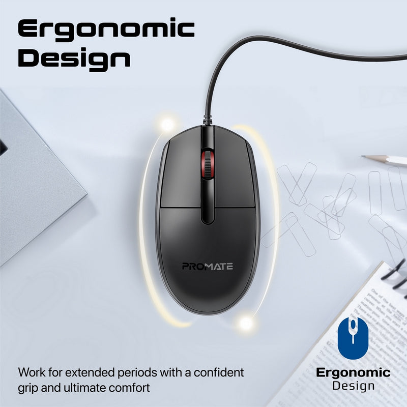 PROMATE Ergonomic Design Wired Optical Mouse - CM-1200