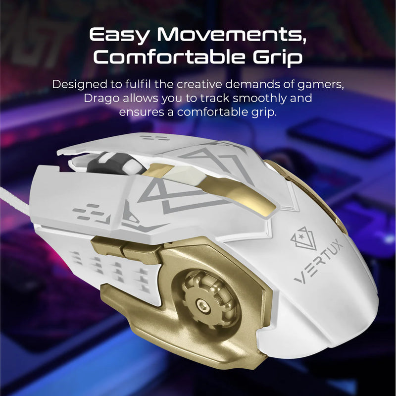 VERTUX Ergonomic Wired Gaming Mouse with 6 Programmable Buttons & RGB Back-light, White/Gold - DRAGO.WT/GD - Last Unit