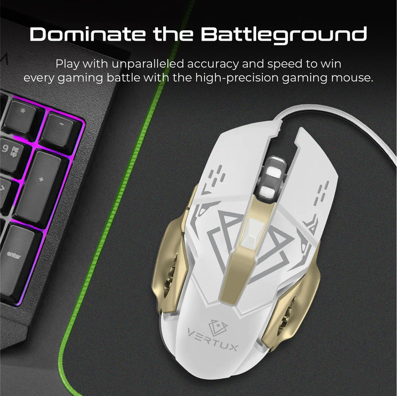 VERTUX Ergonomic Wired Gaming Mouse with 6 Programmable Buttons & RGB Back-light, White/Gold - DRAGO.WT/GD - Last Unit