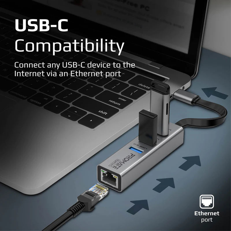PROMATE USB-C Hub with 3 USB 3.0 Ports & 1000Mbps LAN Port - GIGAHUB-C - New Arrival