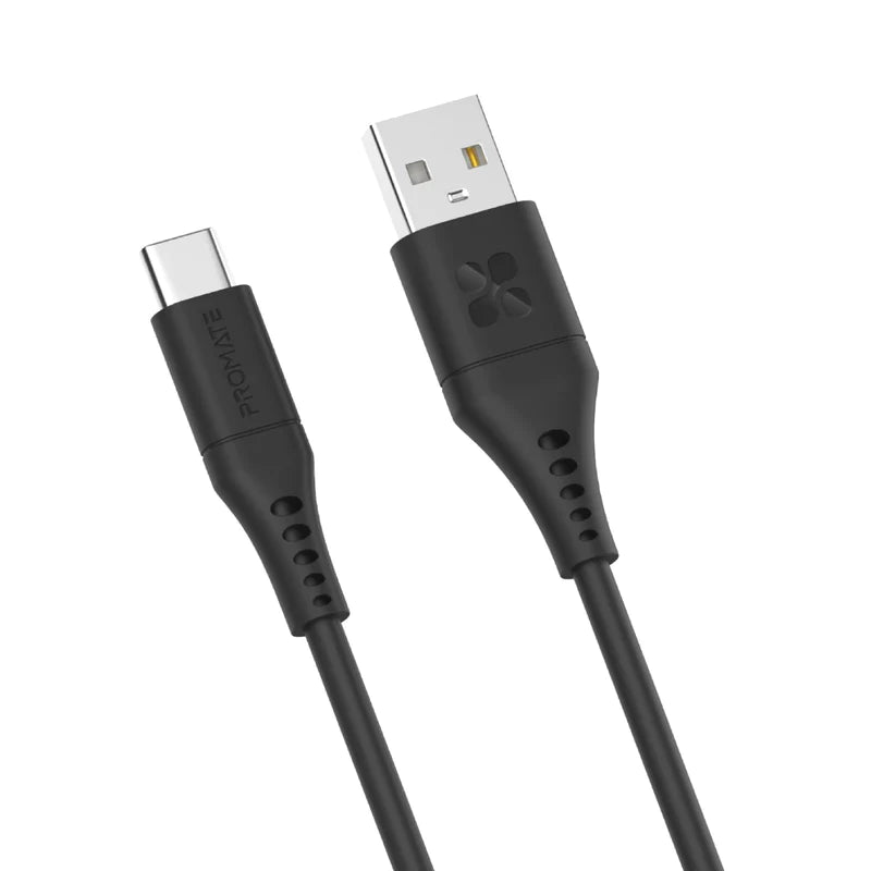 PROMATE Ultra-Fast USB-A to USB-C Soft Silicone cable 2m - POWERLINK-AC200.BLACK