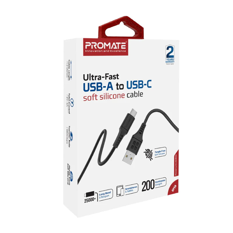 PROMATE Ultra-Fast USB-A to USB-C Soft Silicone cable 2m - POWERLINK-AC200.BLACK