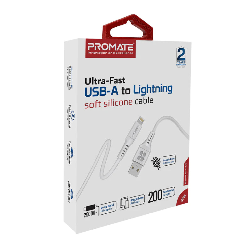 PROMATE Ultra-Fast USB-A to Lightning Soft Silicon cable 2m - POWERLINK-AI200
