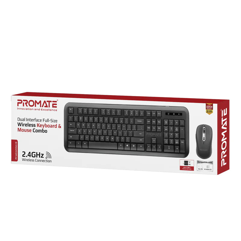 PROMATE Ergonomic Wireless Keyboard & Mouse Combo with USB-A/USB-C Dongle, Black/English - PROCOMBO-6.BK/EN