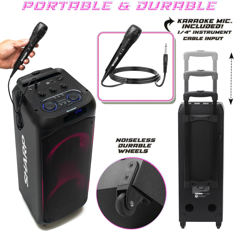 SHARP 50W RMS Portable Rechargeable Bluetooth Party Speaker with Free Microphone, Luggage-Style Handle and Wheels! - PS-935
