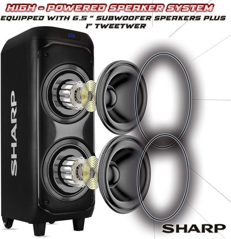 SHARP 50W RMS Portable Rechargeable Bluetooth Party Speaker with Free Microphone, Luggage-Style Handle and Wheels! - PS-935