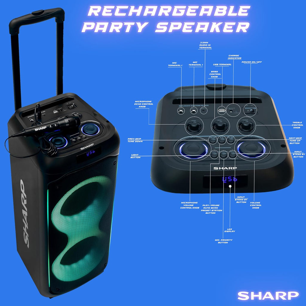SHARP 50W RMS Rechargeable Portable Party BT Speaker with Microphone ...