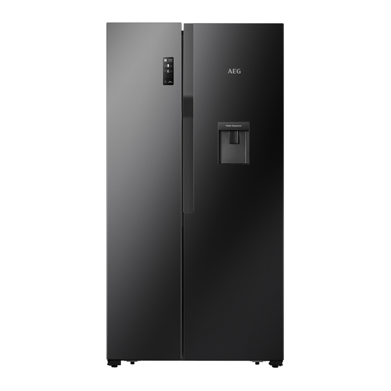 AEG 508L A+ Freestanding Side by Side Black Glass Refrigerator with Tankered Water Dispenser- RXB57011NG
