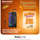 SHARP 50W RMS Rechargeable Portable Party BT Speaker with Microphone, Luggage-Style Handle and Wheels - PS-935 - Ramadan Promo till 15 Feb - Till stock last