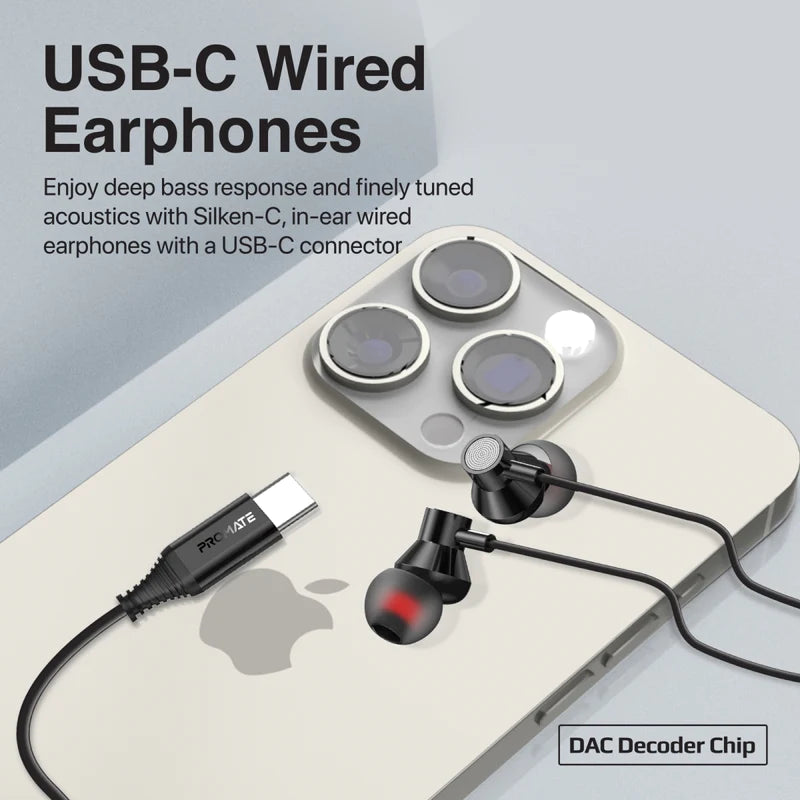 PROMATE Ergonomic In-Ear USB-C Wired Stereo Earphones - SILKEN-C.BLACK - New Arrival