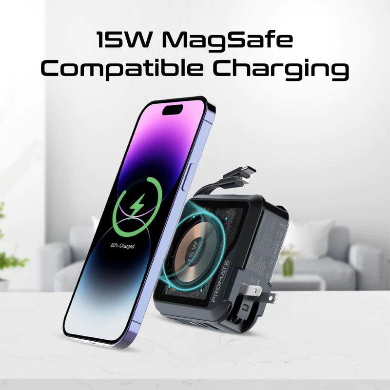 PROMATE Transparent 15W MagSafe Compatible Wireless Charging Power Bank with AC Charger - TRANSMAG-20PRO.BLACK