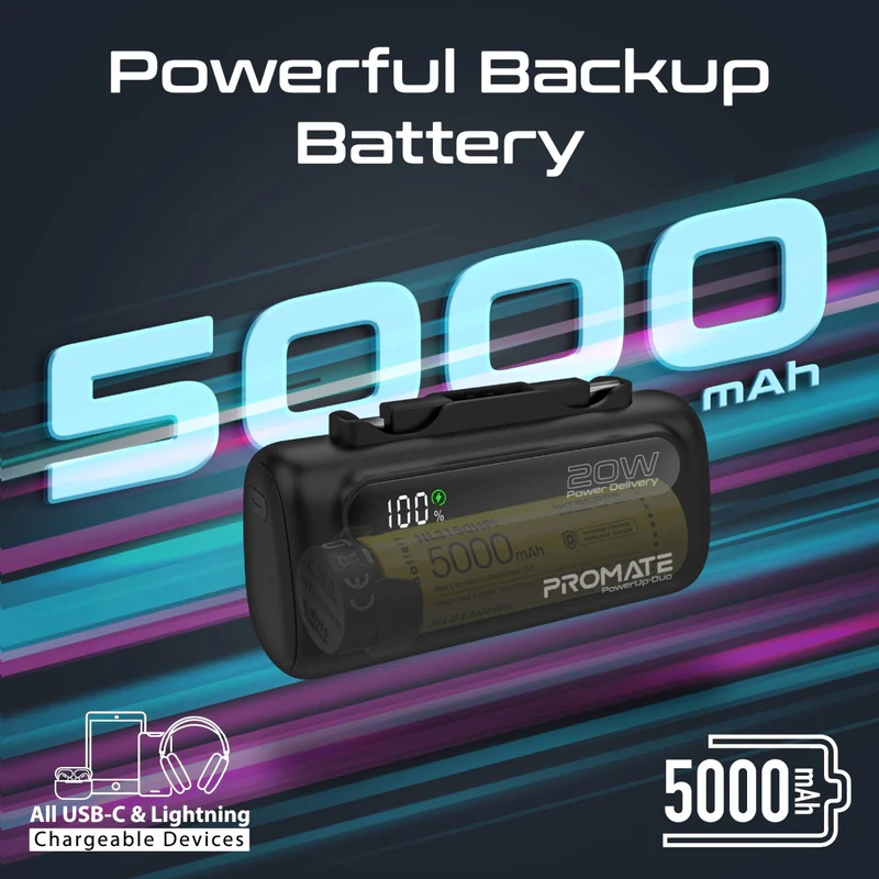 PROMATE 5000mAH PowerBank 20W PD with Lightning Connector and Type-C Connector - POWERUP-DUO - New Arrival