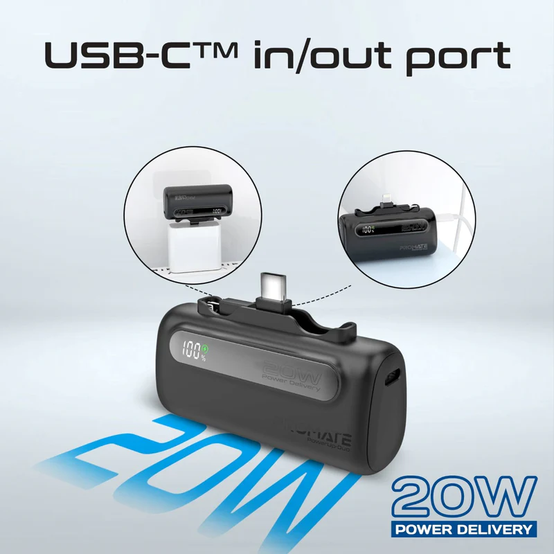 PROMATE 5000mAH PowerBank 20W PD with Lightning Connector and Type-C Connector - POWERUP-DUO - New Arrival