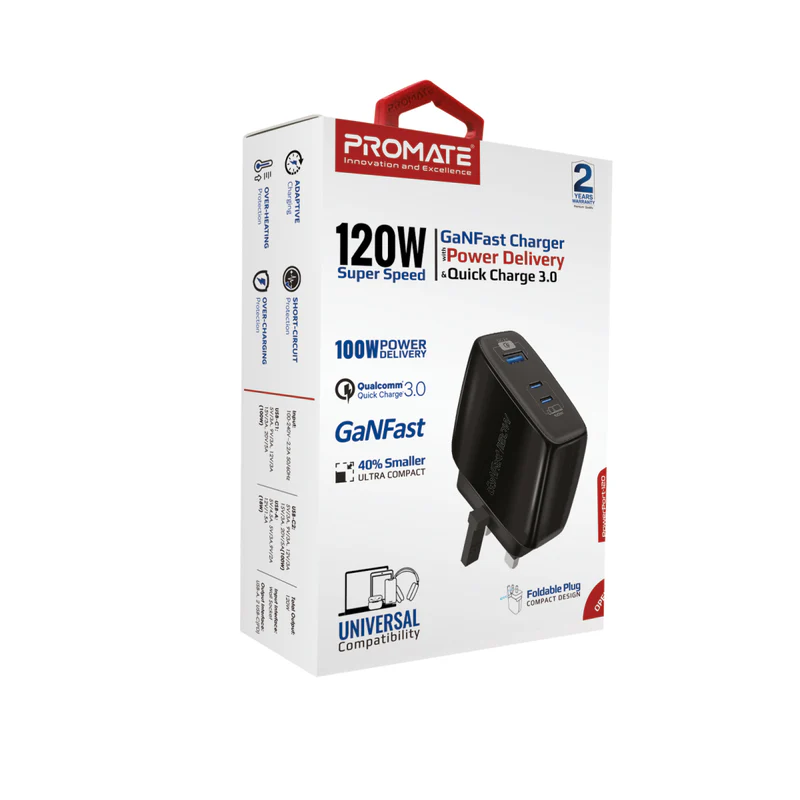 PROMATE 120W Super-speed GaNFast™ Charger with Power Delivery & Quick Charge 3.0 - POWERPORT-120 - Incoming In August
