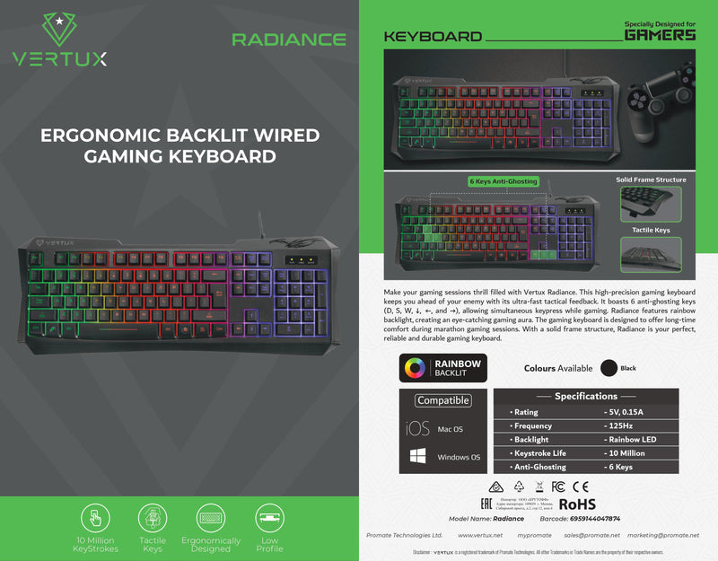 VERTUX Ergonomic Backlit Wired Gaming Keyboard - RADIANCE.BK/EN