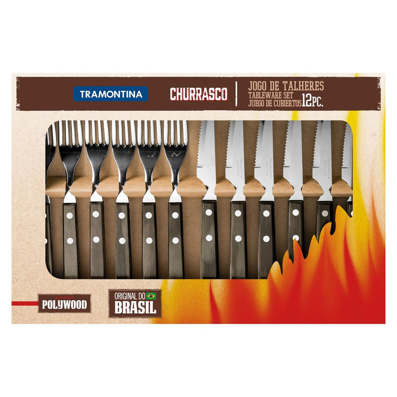 TRAMONTINA Churrasco 12pcs Stainless Steel Flatware Set with Brown Polywood Handles - 21199/909