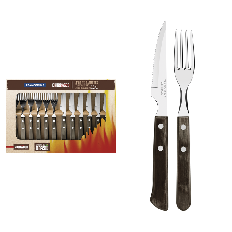 TRAMONTINA Churrasco 12pcs Stainless Steel Flatware Set with Brown Polywood Handles - 21199/909