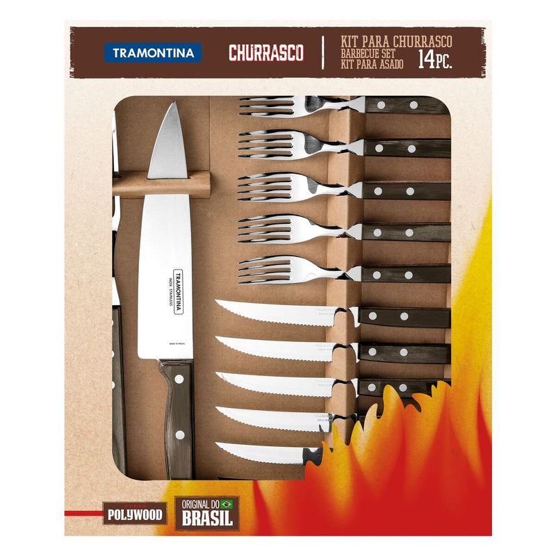TRAMONTINA Churrasco 14pcs Steak Cutlery Set with Polywood Brown Handles with 2 Rivets - 21199/989