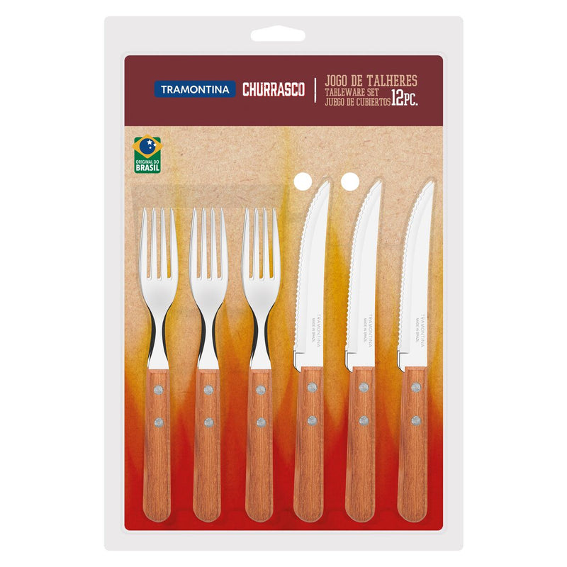 TRAMONTINA Churrasco 12pcs Stainless Steel Barbecue Set with Natural Wood Handles - 22399/030