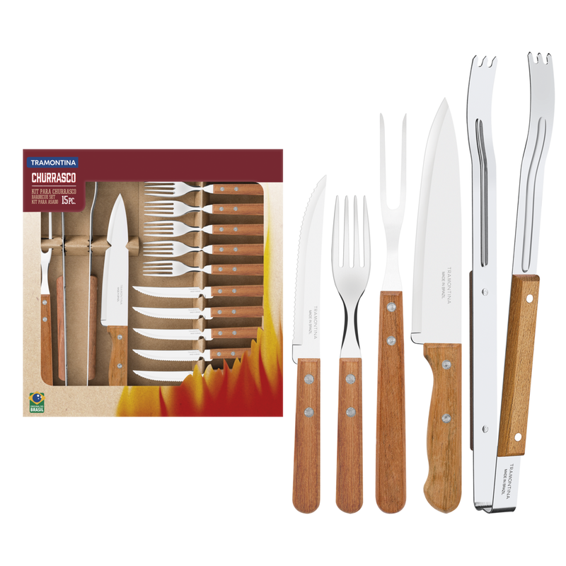 TRAMONTINA Churrasco 15pcs Stainless Steel Barbecue Set with Natural Wood Handles - 22399/028