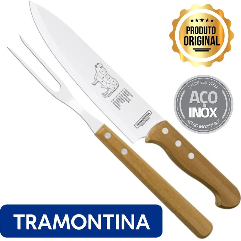 TRAMONTINA Churrasco 2pcs Carving Set with Stainless Steel and Natural Wood Handles 2 Pieces - 22399/074