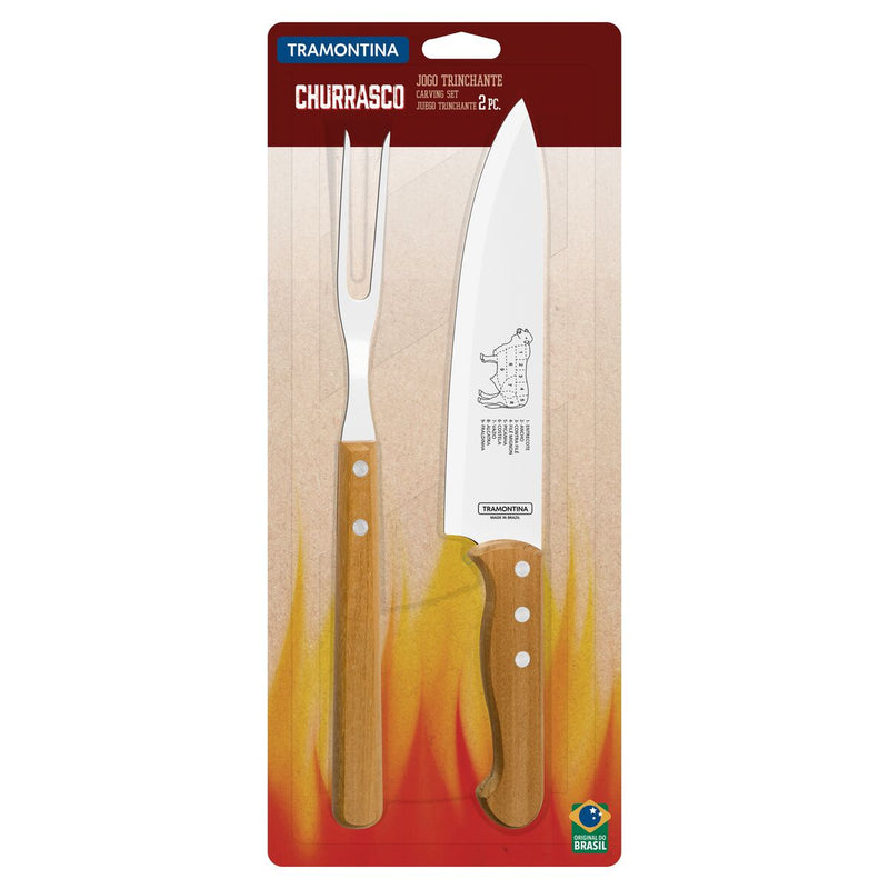 TRAMONTINA Churrasco 2pcs Carving Set with Stainless Steel and Natural Wood Handles 2 Pieces - 22399/074