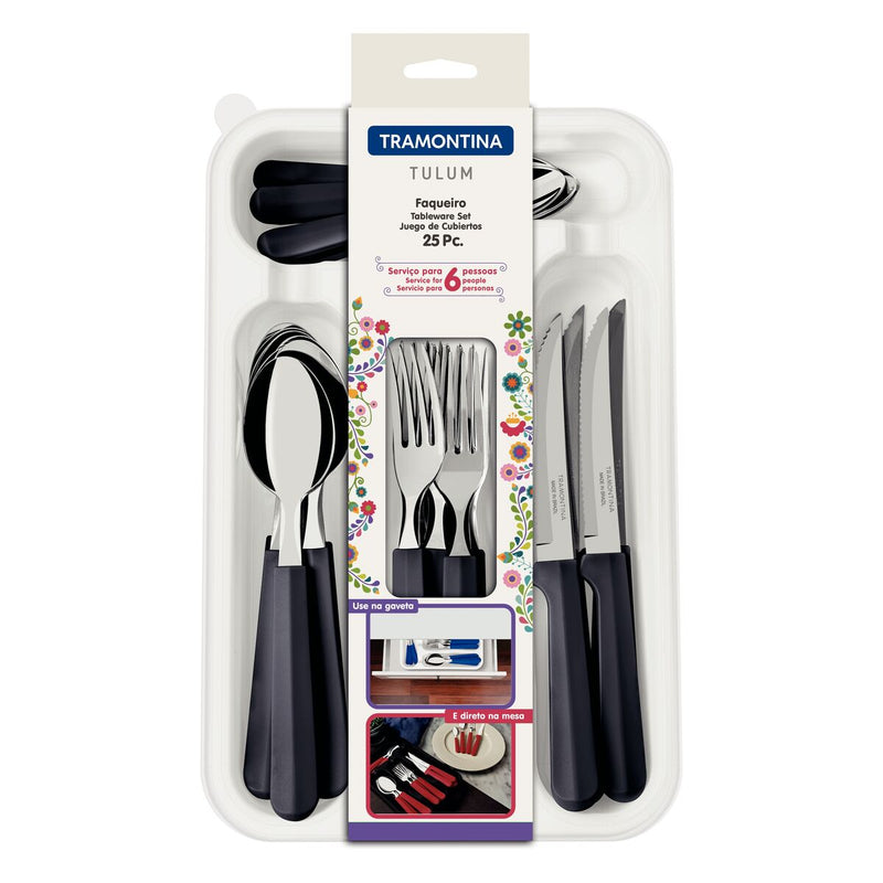 TRAMONTINA Tulum stainless steel Cutlery Set with onyx polypropylene handles and organizer tray, 25 pcs - 23299/683