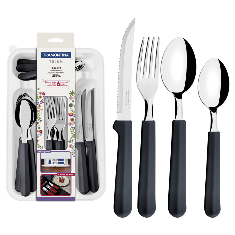 TRAMONTINA Tulum stainless steel Cutlery Set with onyx polypropylene handles and organizer tray, 25 pcs - 23299/683
