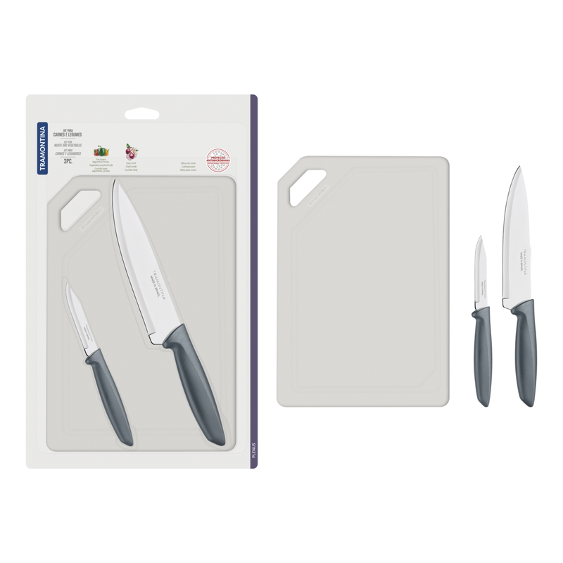TRAMONTINA Plenus Meat and Vegetables Kit with Stainless Steel Blades Grey Polypropylene Handles and 3-Piece Cutting Board - 23498/614