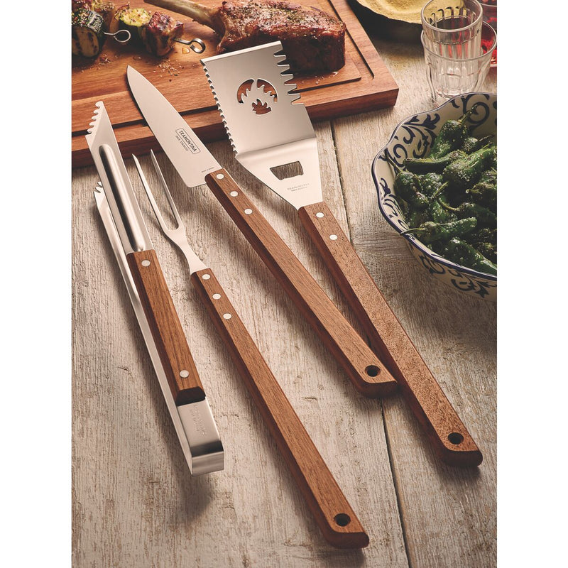 TRAMONTINA Barbecue 48 cm Multifunctional Serrated Edge Spatula with Stainless Steel Blade and Wooden Handle - 26442/100