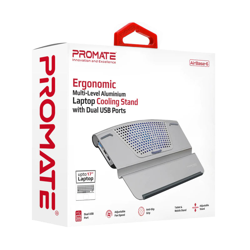 PROMATE Ergonomic Multi-Level Aluminium Laptop Cooling Stand with Dual USB Ports - AIRBASE-6 - Sept Promo till 30 Sept