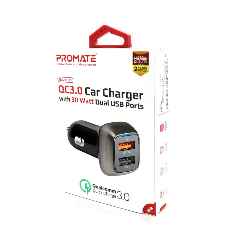 PROMATE QC 3.0 Car Charger with 30 Watt Dual USB Ports - SCUD-30 - Sept Promo till 30 Sept