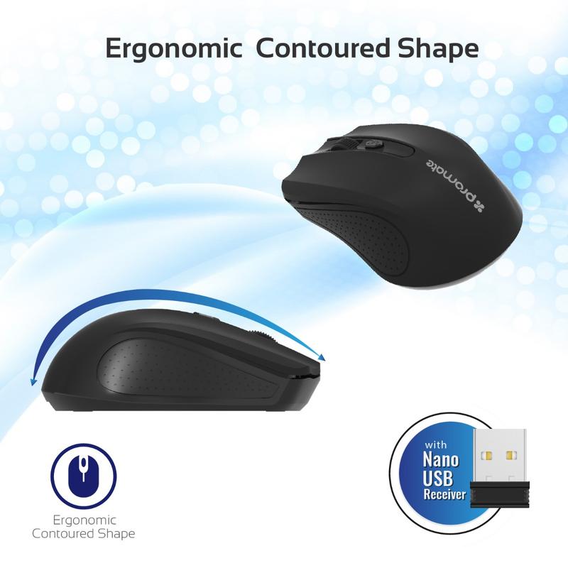 Buy the Promate CONTOUR.BLK Ergonomic Wireless Mouse - Black  Ambidextrous ( CONTOUR.BLK ) online 