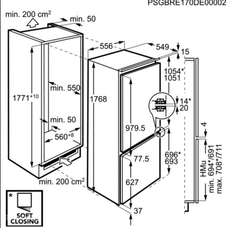 ELECTROLUX 249L Integrated Combi Bottom Fridge Freezer No Frost - ENC2853AOW