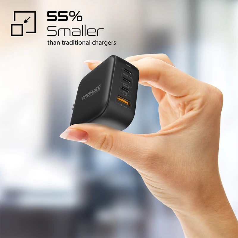 PROMATE 100W Power Delivery GaNFast™ Charger with Quick Charge 3.0 - GANPORT4-100PD.BLACK - Limited Stock