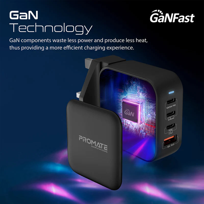 PROMATE 100W Power Delivery GaNFast™ Charger with Quick Charge 3.0 - GANPORT4-100PD.BLACK - Independence Day Till 18 Mar - Limited Stock