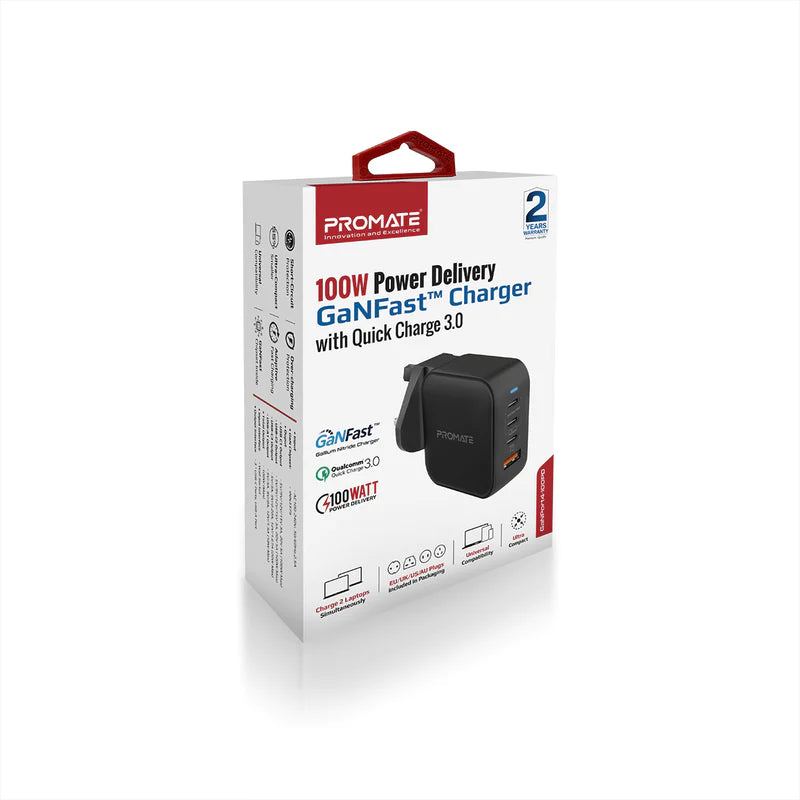 PROMATE 100W Power Delivery GaNFast™ Charger with Quick Charge 3.0 - GANPORT4-100PD.BLACK - Limited Stock