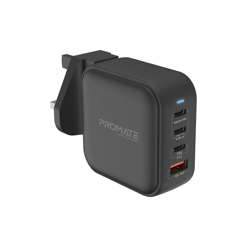 PROMATE 100W Power Delivery GaNFast™ Charger with Quick Charge 3.0 - GANPORT4-100PD.BLACK - Limited Stock